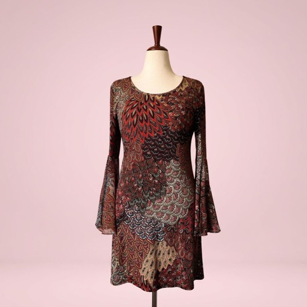 Vintage MSK Dress M Chiffon Bell Sleeves Peacock Hippie Boho Stretch USA Made